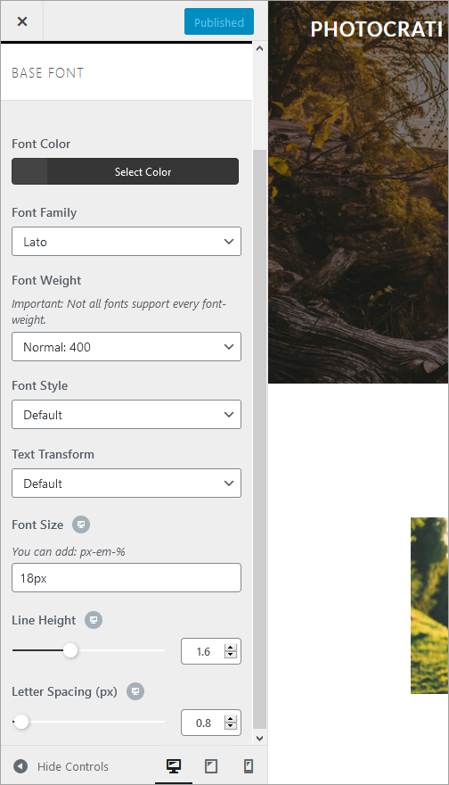 Font settings in Photocrati 10