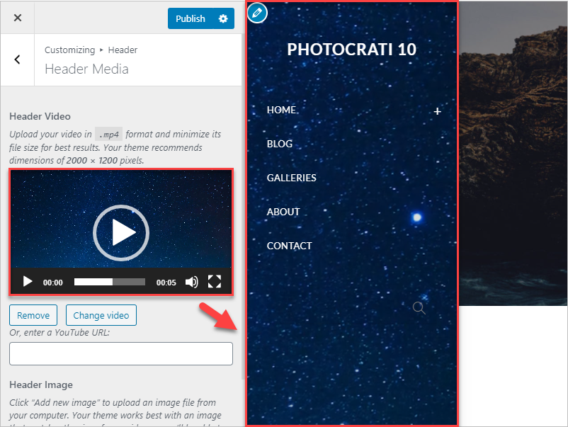 How to setup a header video, it shows the video on the left side and the header area with that same video background