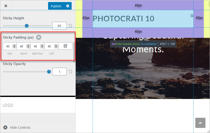 This screenshot shows how to establish padding in your header.