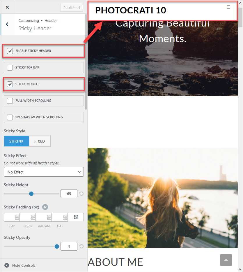 This image shows the Sticky header and Sticky mobile options enabled.  On the right side, there is a picture of a girl with a sunset.