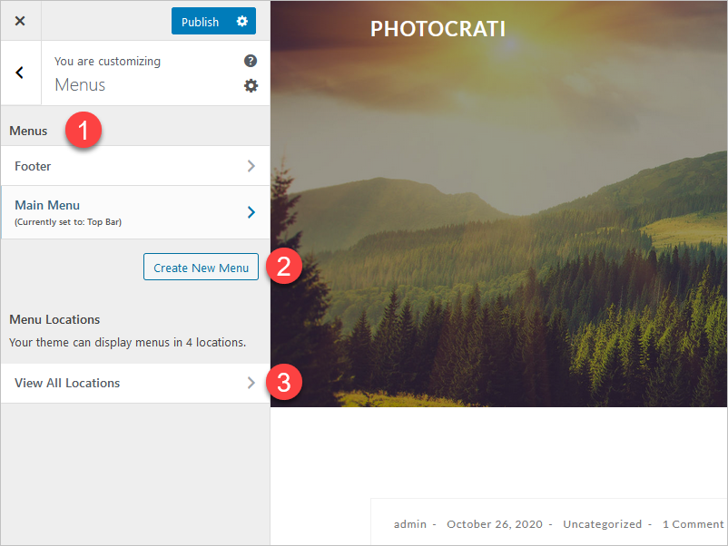 Screenshot showing four areas to setup menus on Photocrati.