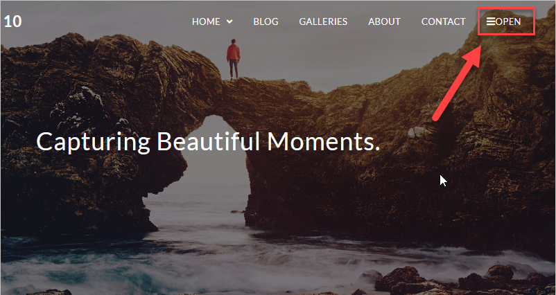 The image shows a nice background with the sea, the top navigation menu and the "open" text next to the hamburger menu icon.